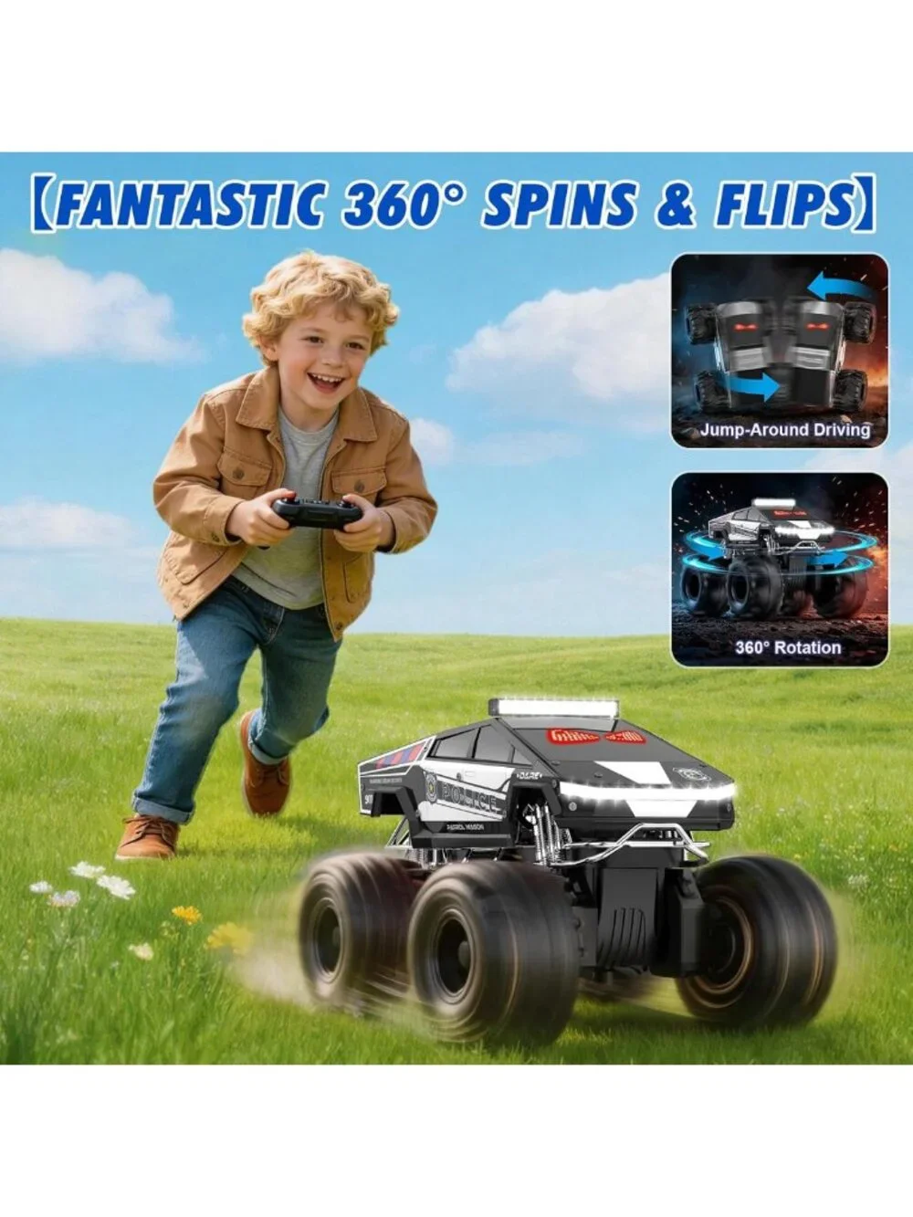 Amphibious Remote Control Car with LED Eyes, 4WD All-Terrain Toy for Kids 6-12